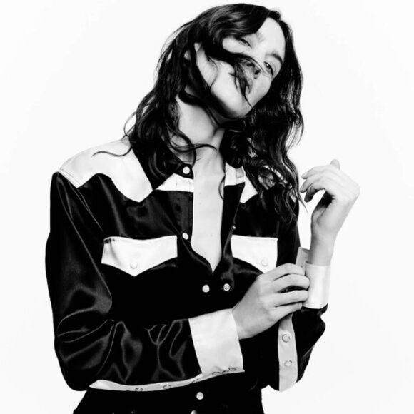 Alexa Chung x Madewell Satin Western Shirt Black/Cream Size XL NWT - Picture 3 of 11